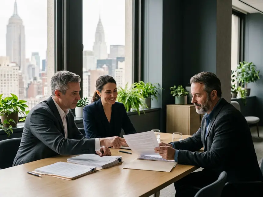 Advisors reviewing policy documents with a business owner in a Manhattan office