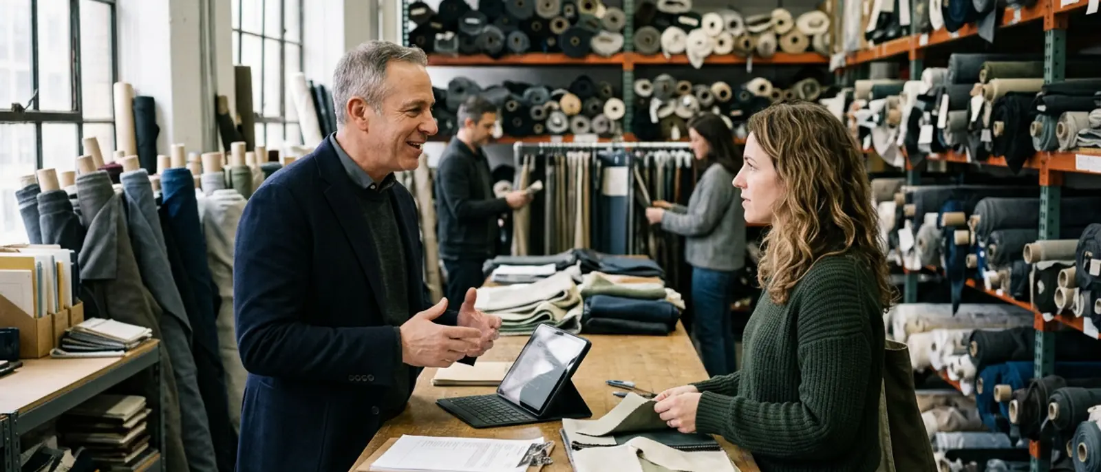 Owner of a wholesale showroom reviewing an order with a customer
