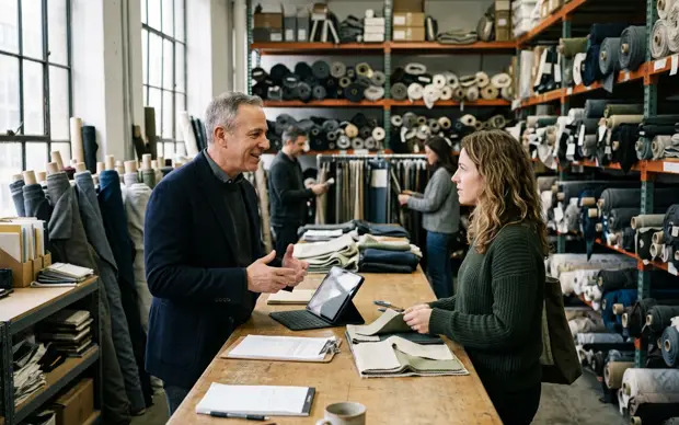 Owner of a wholesale showroom reviewing an order with a customer