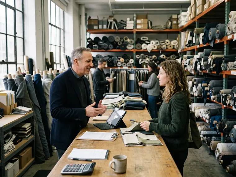 Owner of a wholesale showroom reviewing an order with a customer