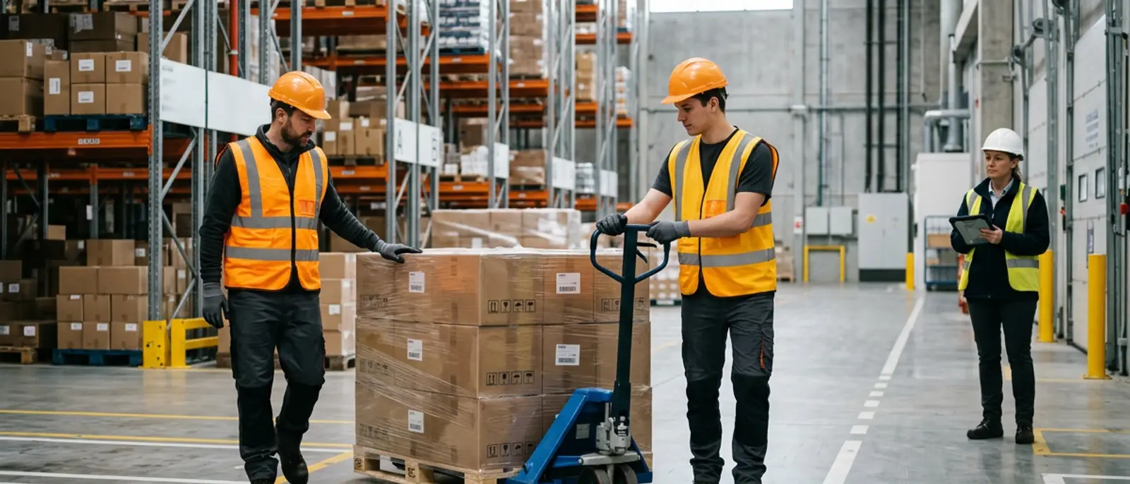 Warehouse employees in high-visibility vests moving palletized goods