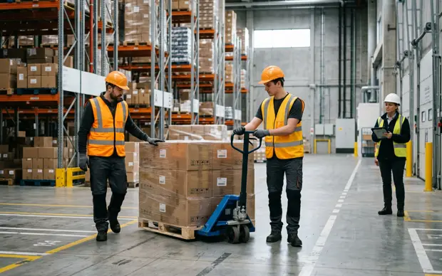 Warehouse employees in high-visibility vests moving palletized goods