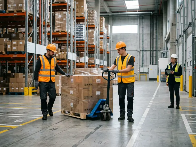Warehouse employees in high-visibility vests moving palletized goods