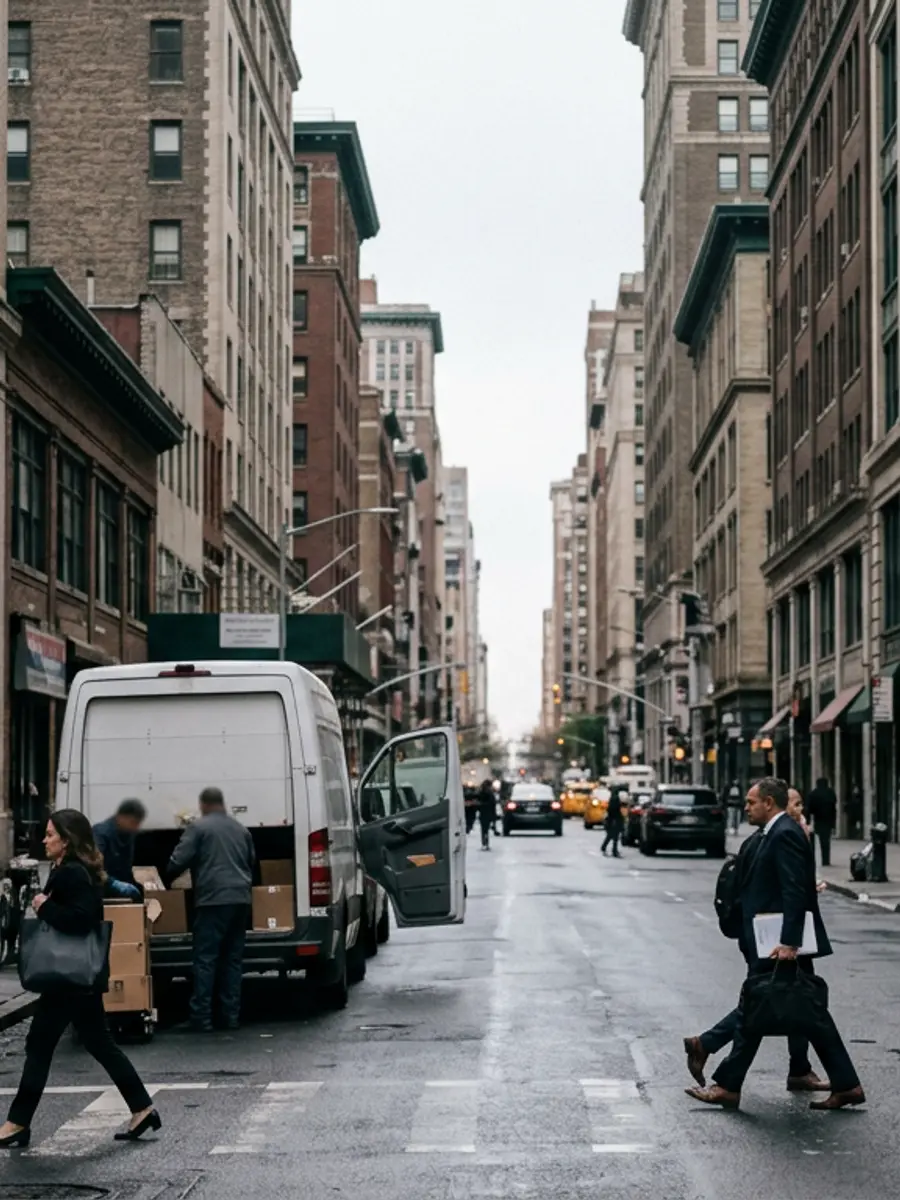 A commercial block near West 32nd Street in Manhattan on a weekday morning
